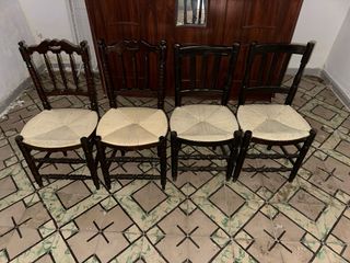 4 Sillas Antiguas Madera y Esparto
