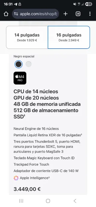 MacBook Pro 16” M4Pro 48GB.512GB  Negro PRECINTADO