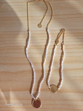 Conjunto collar y pulsera plata bañada en oro 18k 
