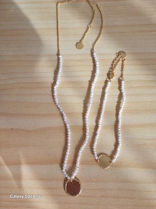 Conjunto collar y pulsera plata bañada en oro 18k 