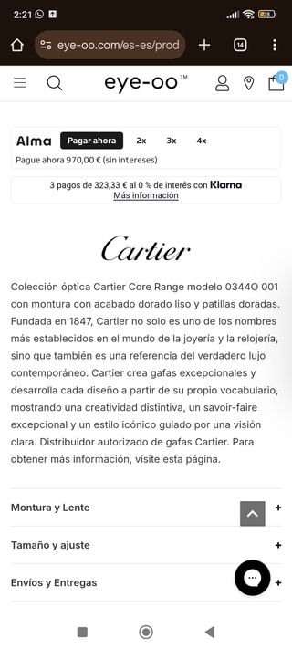 Gafas Cartier CT0344O Shiny Gold