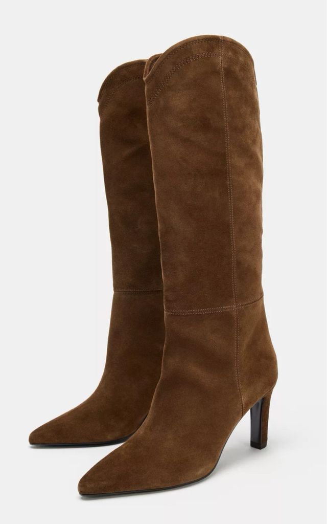 Zara bota tacón serraje pespunte marrón