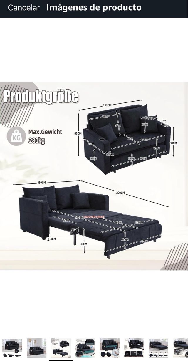 OPORTUNIDAD Sofá Cama Chenilla Negro usb