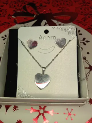 Collar y pendientes corazón Acero plateado