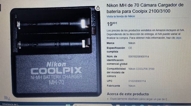 Cargador Batería Nikon MH-70 COOLPIX