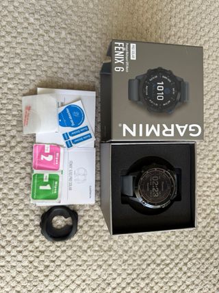 Garmin Fenix 6 Pro Solar, protector templado, caja
