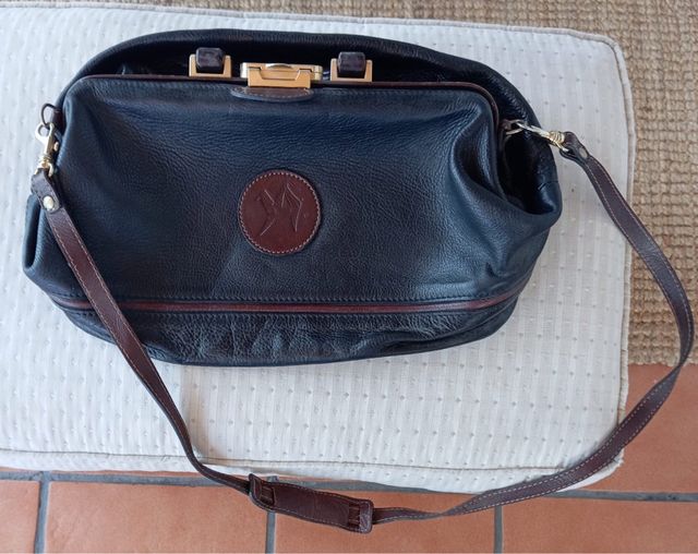 Borsa in pelle blu e marrone