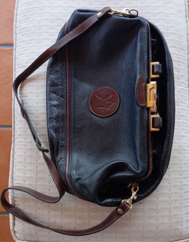 Borsa in pelle blu e marrone