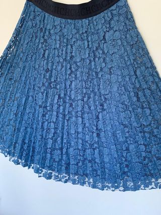 Falda Carolina Herrera Azul Encaje Plisada