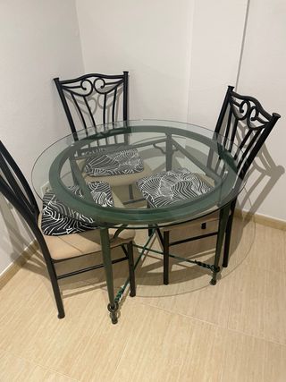tavolo rotondo, vetro, ferro battuto, patina  