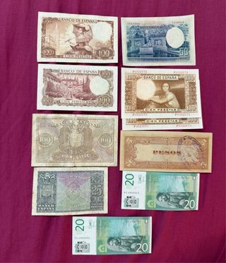 Lote de 10 Billetes Antiguos: Pesetas, Yen y Dinar