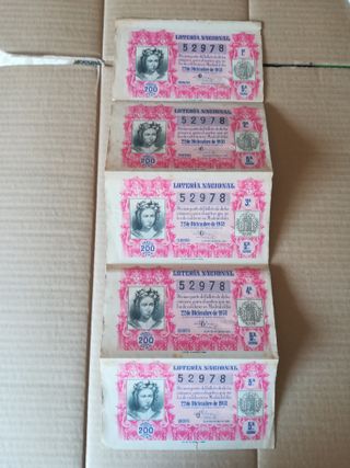 Lote 5 décimos Lotería Nacional antiguos 1951