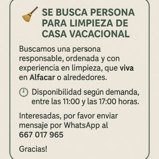 Se busca persona para limpieza de casa vacacional