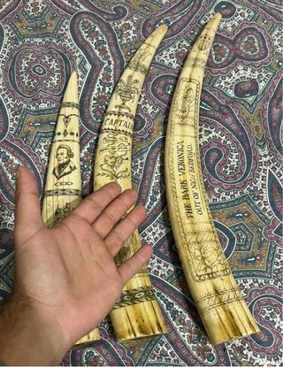 Scultura Scrimshaw Denti di Balena. 44cm