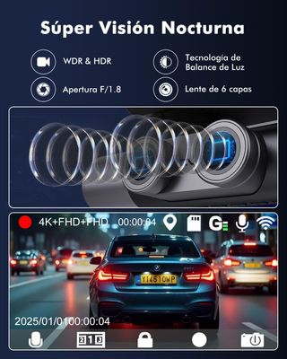 Frvesroe Dashcam 3 Canales 4K Wi-Fi GPS