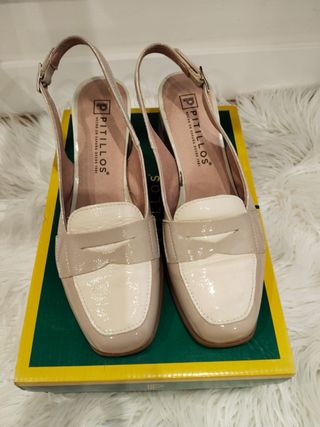 Zapatos Pitillos Beige y Blanco Talla 38