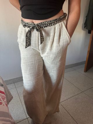 Pantalón beige hilo con goma cintura