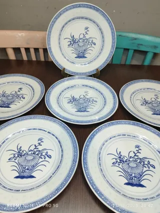 6 Platos Porcelana China Granos Arroz Azul Blanco