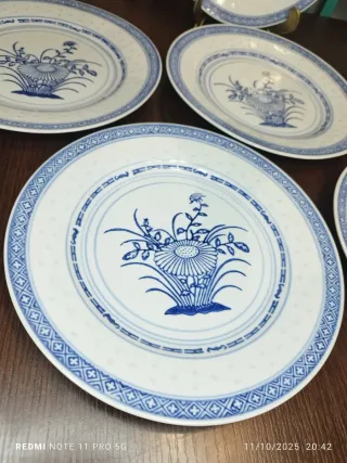 6 Platos Porcelana China Granos Arroz Azul Blanco
