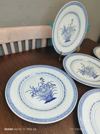 6 Platos Porcelana China Granos Arroz Azul Blanco