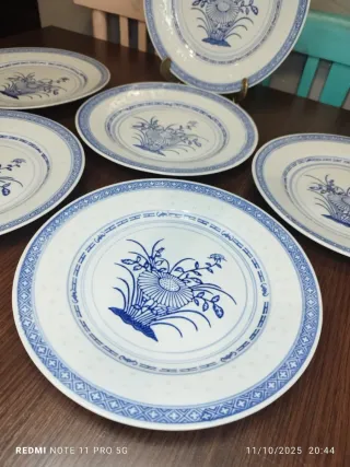 6 Platos Porcelana China Granos Arroz Azul Blanco