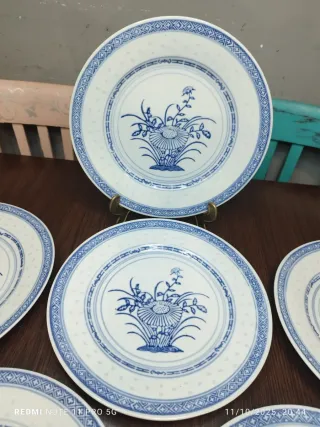 6 Platos Porcelana China Granos Arroz Azul Blanco