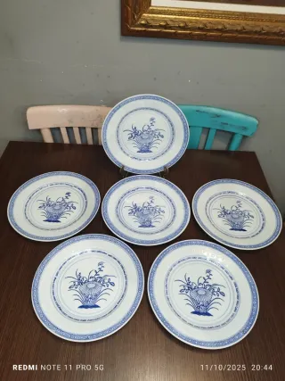 6 Platos Porcelana China Granos Arroz Azul Blanco