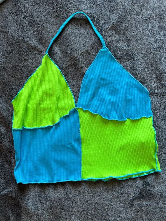 Top haltero patchwork verde y azul