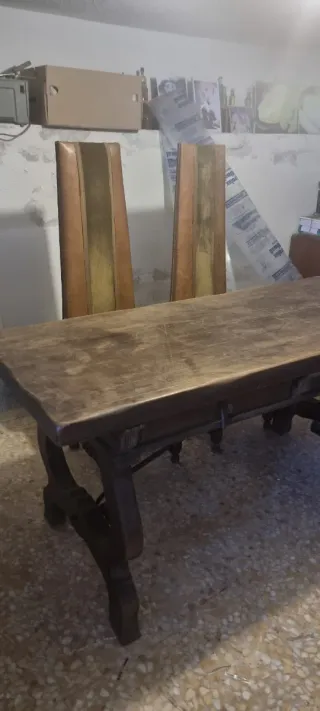 Mesa y 4 Sillas Vintage Madera maciza y Piel