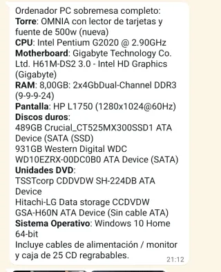 PC Sobremesa OMNIA Intel Pentium G2020 8GB RAM