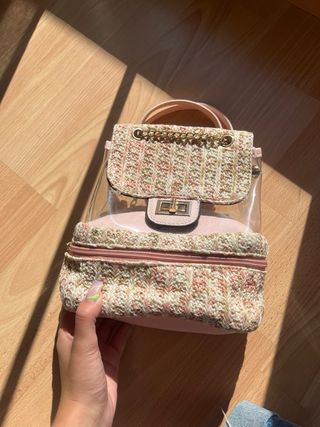 Mochila mini transparente rosa tejida