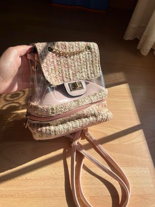 Mochila mini transparente rosa tejida