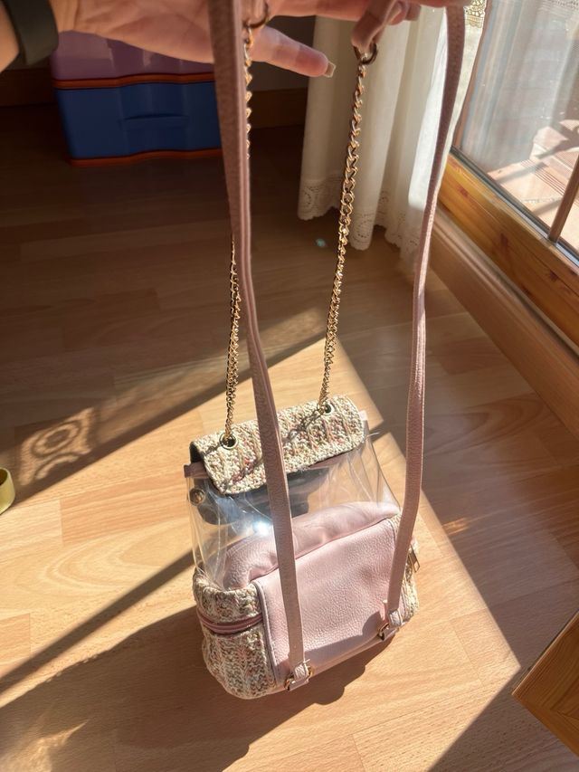 Mochila mini transparente rosa tejida