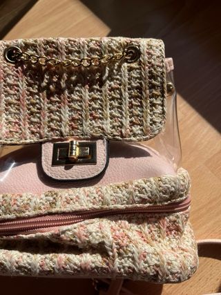Mochila mini transparente rosa tejida