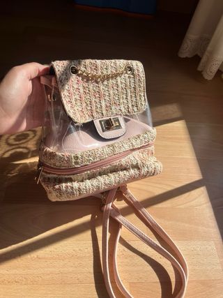 Mochila mini transparente rosa tejida