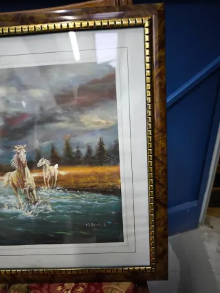 Cuadro antiguo caballos en río