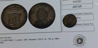 Moneda Isabel II 3 Cuar  1837,Numismatica,coleccio