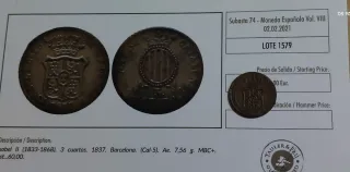 Moneda Isabel II 3 Cuar  1837,Numismatica,coleccio