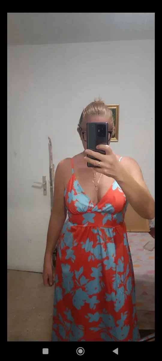 Vestido de ceremonia naranja y azul