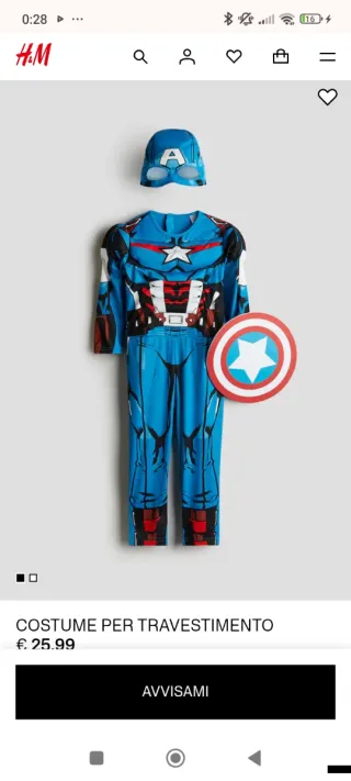 Costume Capitan America vestito e maschera H&m