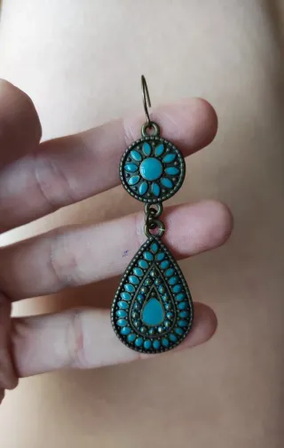 Pendientes largos estilo étnico color azul turques