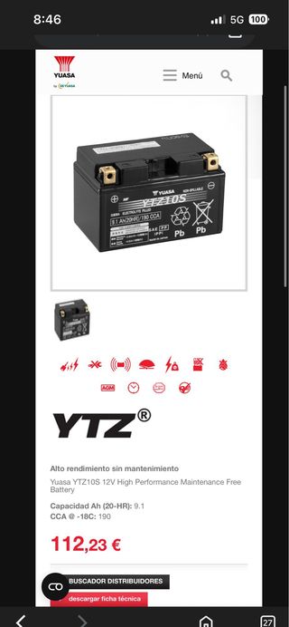 Batería YUASA YTZ10S 9.1Ah 190 CCA Moto