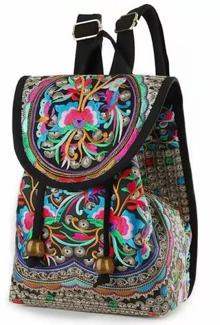 Mochila psicodélica bordada flora y fauna mediana