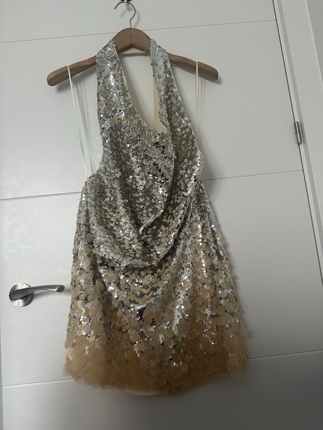 Vestido Zara lentejuelas plateadas talla M