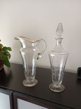 Juego Jarra y Botella Cristal Tallado Dorado