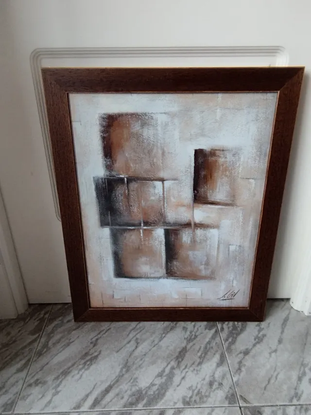Cuadro abstracto marrón y blanco,firmado.