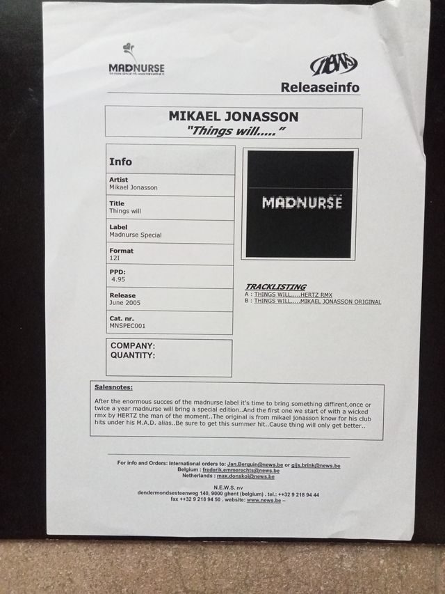 Mikael Jonasson - Madnurse 001 Vinilo