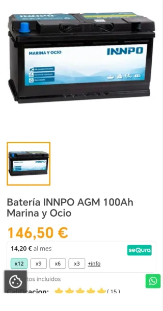 Batería INNPO AGM 100Ah 850A Marina y Ocio 12V