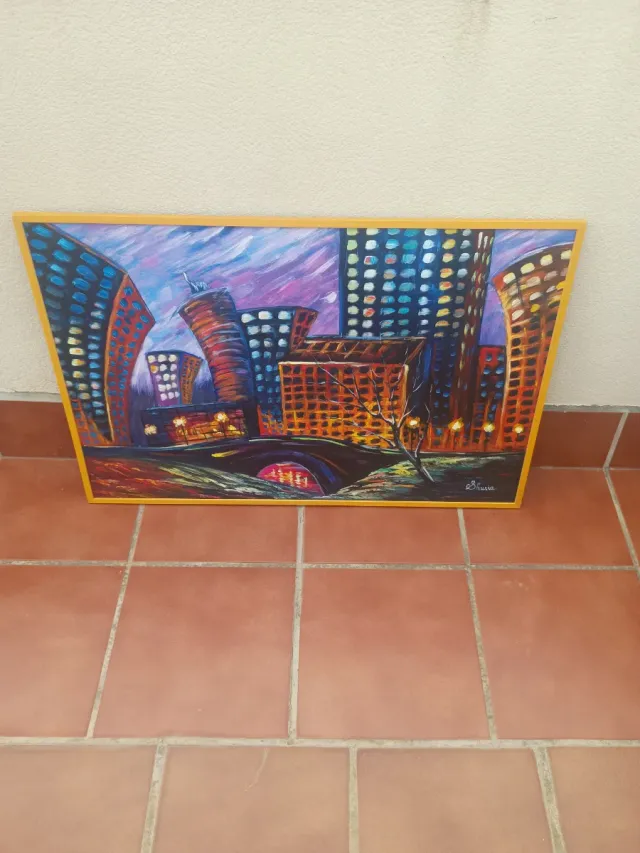 Pintura al óleo Ciudad Nocturna  Pintada a mano