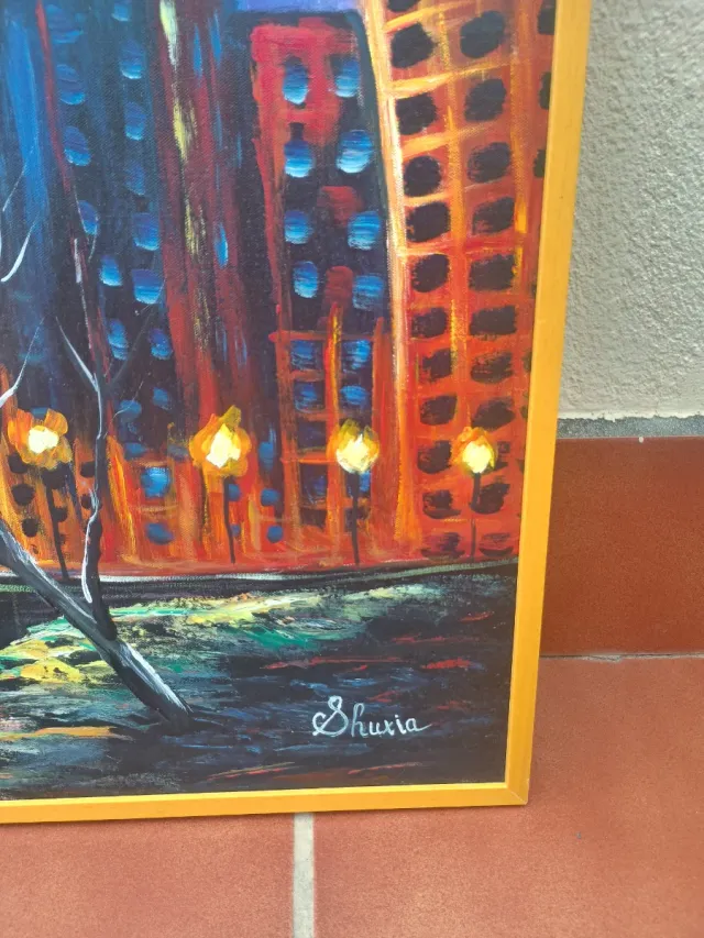 Pintura al óleo Ciudad Nocturna  Pintada a mano